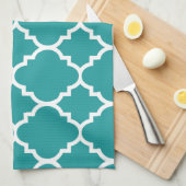 ティール(緑がかった色)ブルーホワイトクローバーモロッコパターン キッチンタオル (四つ折り)