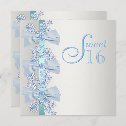 ティール（緑がかった色）ブルーホワイトスノーフレークSweet sixteen誕生日 招待状 (正面/裏面)