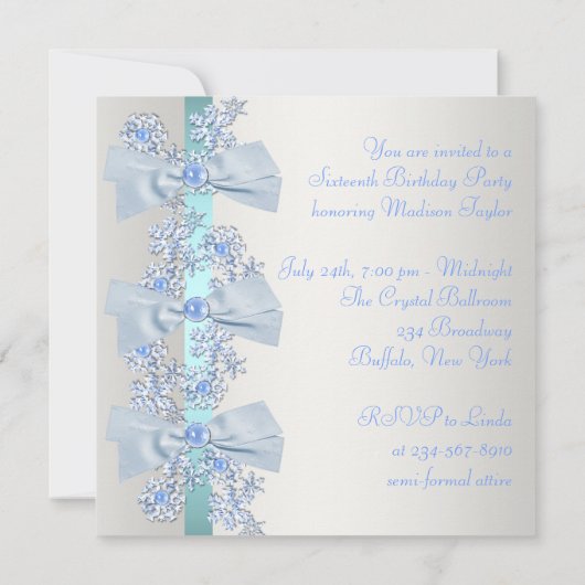 ティール（緑がかった色）ブルーホワイトスノーフレークSweet sixteen誕生日 招待状 (裏面)