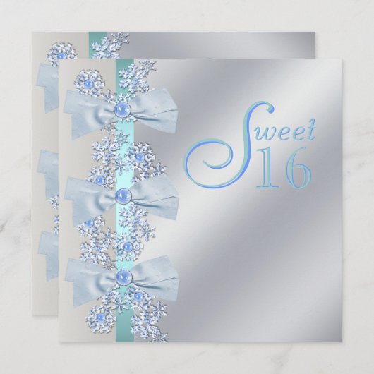 ティール（緑がかった色）ブルーホワイトスノーフレークSweet sixteen誕生日 招待状 (正面/裏面)