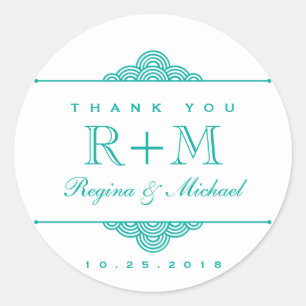 ティール（緑がかった色）ブルーホワイトスワールサークル結婚式の引き出物シール ラウンドシール