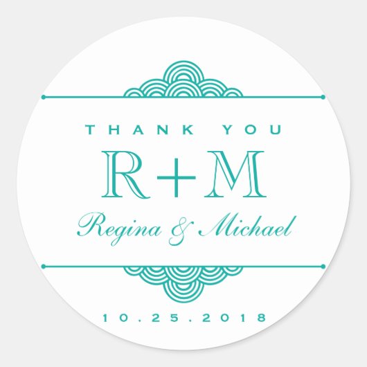 ティール(緑がかった色)ブルーホワイトスワールサークル結婚式の引き出物シール ラウンドシール (正面)