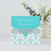 ティール(緑がかった色)ブルーホワイトダマスクダイヤモンドキンセアニェラ 招待状 (スタンド正面)