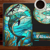 ティール(緑がかった色)ブルーホワイトドルフィンステイングラスルック デスクマット