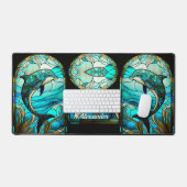 ティール(緑がかった色)ブルーホワイトドルフィンステイングラスルック デスクマット (キーボード&マウス)