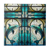 ティール（緑がかった色）ブルーホワイトドルフィンモザイクフェイクステンドグラス タイル (正面)