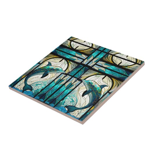 ティール（緑がかった色）ブルーホワイトドルフィンモザイクフェイクステンドグラス タイル (側面)
