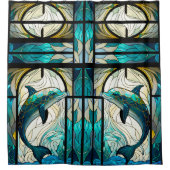 ティール(緑がかった色)ブルーホワイトドルフィンルックオブステンドグラス シャワーカーテン (正面)