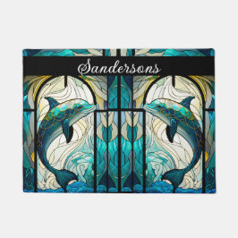 ティール（緑がかった色）ブルーホワイトドルフィンルックオブステンドグラス ドアマット