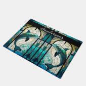 ティール(緑がかった色)ブルーホワイトドルフィンルックオブステンドグラス ドアマット (アングル)