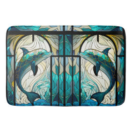 ティール（緑がかった色）ブルーホワイトドルフィンルックオブステンドグラス バスマット