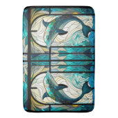 ティール(緑がかった色)ブルーホワイトドルフィンルックオブステンドグラス バスマット (正面縦)