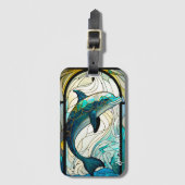 ティール(緑がかった色)ブルーホワイトドルフィンルックオブステンドグラス ラゲッジタグ (正面縦)