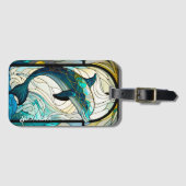 ティール(緑がかった色)ブルーホワイトドルフィンルックオブステンドグラス ラゲッジタグ (正面横)