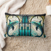 ティール(緑がかった色)ブルーホワイトドルフィンルックオブステンドグラス ランバークッション (ブランケット)