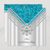 ティール(緑がかった色)ブルーホワイトバースデーパーティーグリッターダイヤモンド 招待状 (正面/裏面)