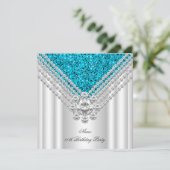 ティール(緑がかった色)ブルーホワイトバースデーパーティーグリッターダイヤモンド 招待状 (スタンド正面)