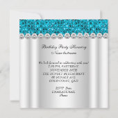 ティール(緑がかった色)ブルーホワイトバースデーパーティーグリッターダイヤモンド 招待状 (裏面)