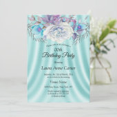 ティール（緑がかった色）ブルーホワイトパープルフローラ誕生日パーティー 招待状 (スタンド正面)