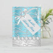 ティール（緑がかった色）ブルーホワイトパールダイヤモンドバースデーパーティー4 招待状 (スタンド正面)