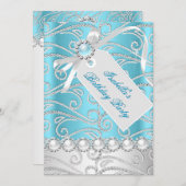 ティール（緑がかった色）ブルーホワイトパールダイヤモンドバースデーパーティー4 招待状 (正面/裏面)