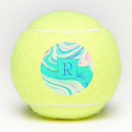 ティール（緑がかった色）ブルーホワイトピンクウェーブズ抽象芸術モノグラム テニスボール