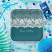 ティール(緑がかった色)ブルーホワイトフローラレース結婚ズ ペーパープレート (パーティー)