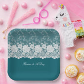 ティール（緑がかった色）ブルーホワイトフローラレース結婚ズ ペーパープレート (パーティー)