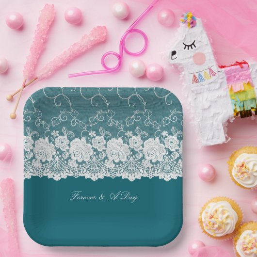 ティール(緑がかった色)ブルーホワイトフローラレース結婚ズ ペーパープレート (パーティー)