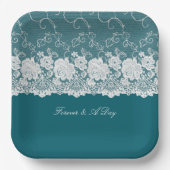 ティール（緑がかった色）ブルーホワイトフローラレース結婚ズ ペーパープレート (正面)