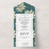ティール（緑がかった色）ブルーホワイトフローラ オールインワン招待状 (内側)