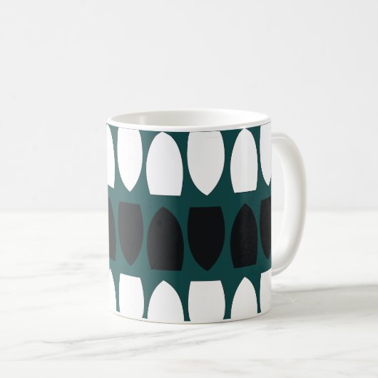 ティール（緑がかった色）ブルーホワイトブラックジオメトリック抽象芸術 コーヒーマグカップ (正面右)