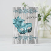 ティール(緑がかった色)ブルーホワイトマスカレードパーティーRSVP 出欠カード (スタンド正面)