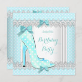 ティール(緑がかった色)ブルーホワイト水玉模様ハイヒールバースデーパーティー 招待状 (正面/裏面)
