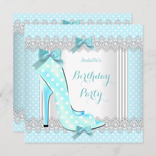 ティール(緑がかった色)ブルーホワイト水玉模様ハイヒールバースデーパーティー 招待状 (正面/裏面)