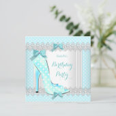 ティール(緑がかった色)ブルーホワイト水玉模様ハイヒールバースデーパーティー 招待状 (スタンド正面)