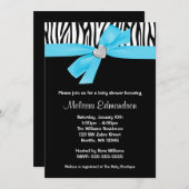 ティール(緑がかった色)ブルーボウダイヤモンドハートゼブラベビーシャワー 招待状 (正面/裏面)