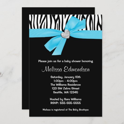 ティール(緑がかった色)ブルーボウダイヤモンドハートゼブラベビーシャワー 招待状 (正面/裏面)