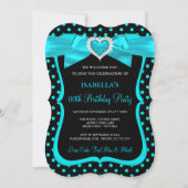 ティール(緑がかった色)ブルーボウブラック水玉模様バースデーパーティー 招待状 (正面)