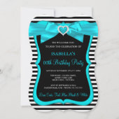 ティール(緑がかった色)ブルーボウ白黒ストライプバースデーパーティー 招待状 (正面)