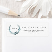 ティール（緑がかった色）ブルーボタニカルリースモノグラム結婚ズ ラベル (インサイチュ)