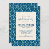 ティール(緑がかった色)ブルーボホフローラアートスケッチ卒業パーティー 招待状 (正面/裏面)