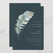 ティール（緑がかった色）ブルーボーホフェザーミニマル結婚式招待状 招待状 (正面/裏面)