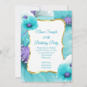 ティール(緑がかった色)ブルーポピースフラワーバースデーパーティー招待状 セーブザデート (裏面)