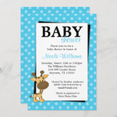 ティール（緑がかった色）ブルーポルカドットキリンベビーシャワー招待状 招待状 (正面/裏面)