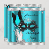 ティール（緑がかった色）ブルーマスカレードキンセアニェラマスクハイヒール3a 招待状 (正面/裏面)