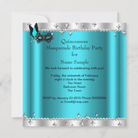 ティール（緑がかった色）ブルーマスカレードキンセアニェラマスクハイヒール3a 招待状 (裏面)