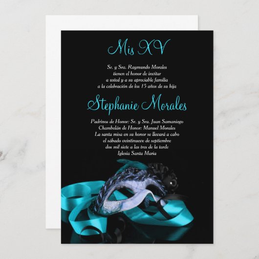 ティール（緑がかった色）ブルーマスカレードキンセアニェラ招待状 招待状 (正面/裏面)