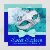 ティール(緑がかった色)ブルーマスカレードパーティの招待状 招待状 (正面/裏面)