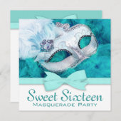 ティール（緑がかった色）ブルーマスカレードパーティー 招待状 (正面/裏面)